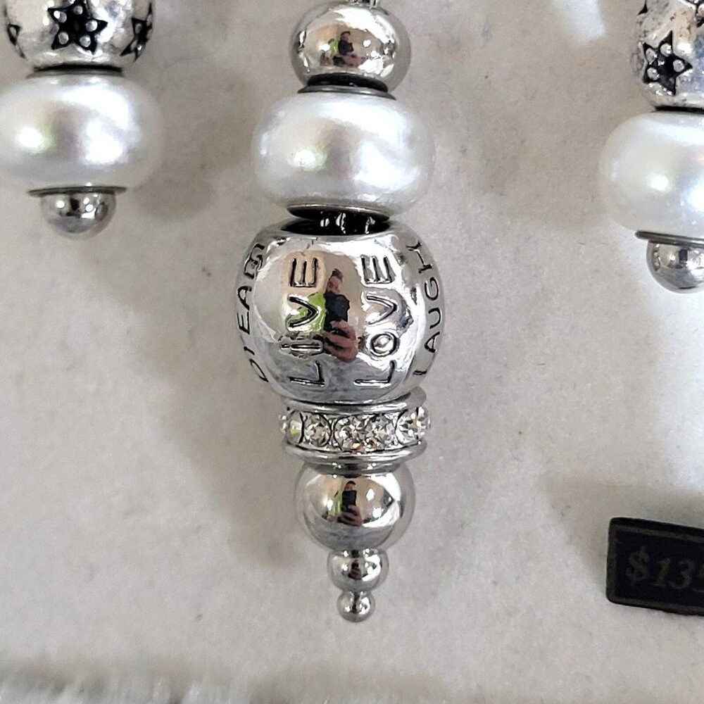 Silver Tone Pearl Necklace Earrings Set 32" Dream Love Laugh Charm Beaded - Picture 2 of 4